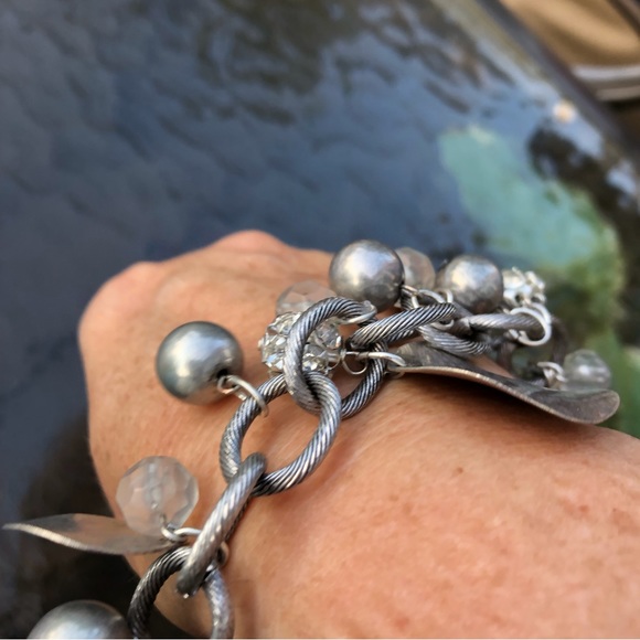 Bold Bangle Silvertone Rhinestones & Beads - Picture 8 of 8